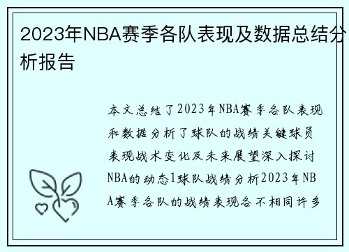 2023年NBA赛季各队表现及数据总结分析报告